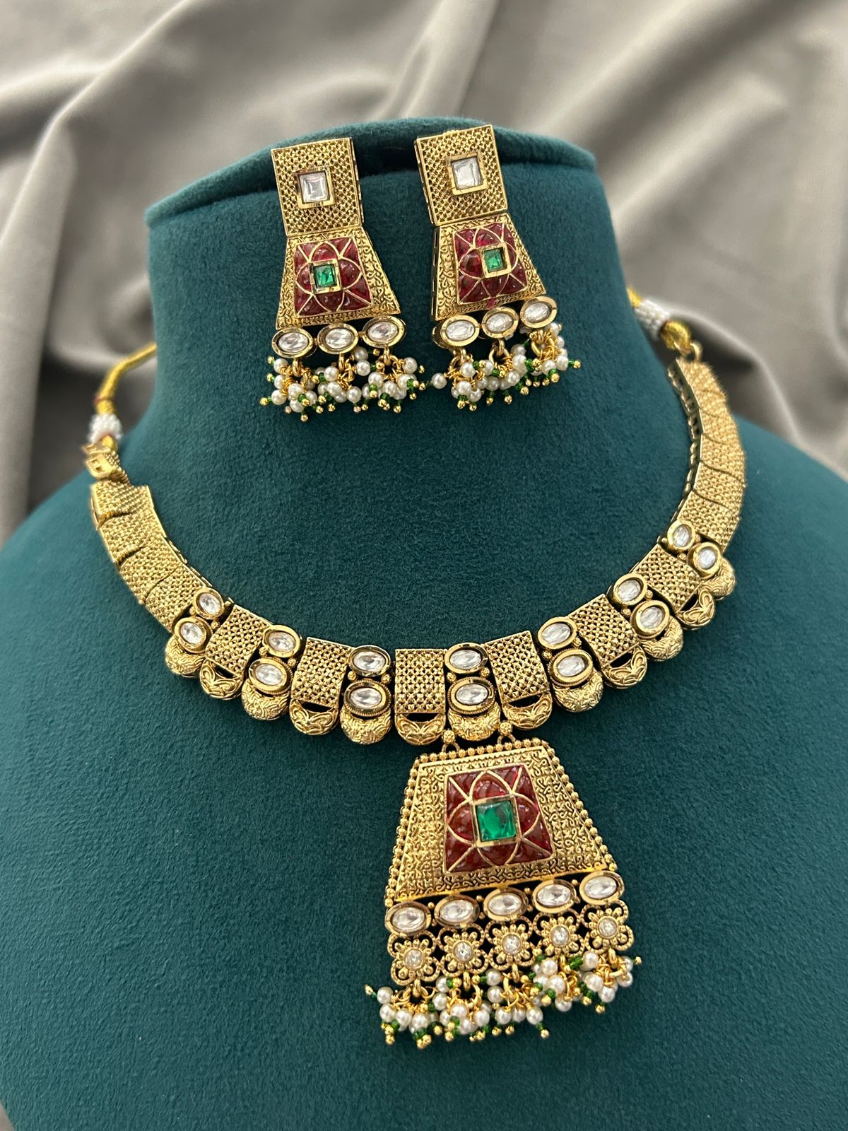 Antique Kundan Temple Necklace Set with Ruby & Emerald Detailing